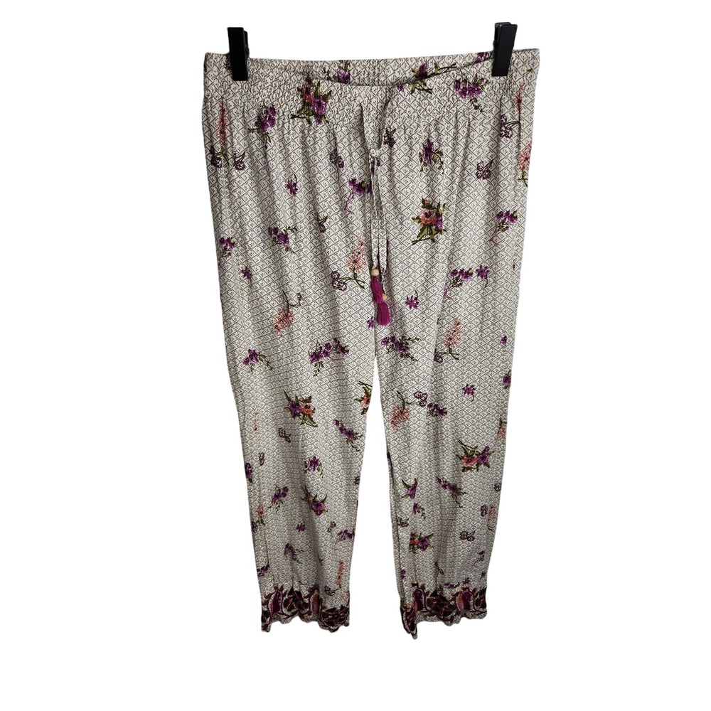World Market‎ Floral Embroidered Boho Lounge PJ Pants S/M Elastic Waist Cotton